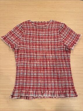 Apres Studio Ruched Tee, Strawberry Plaid, Size M
